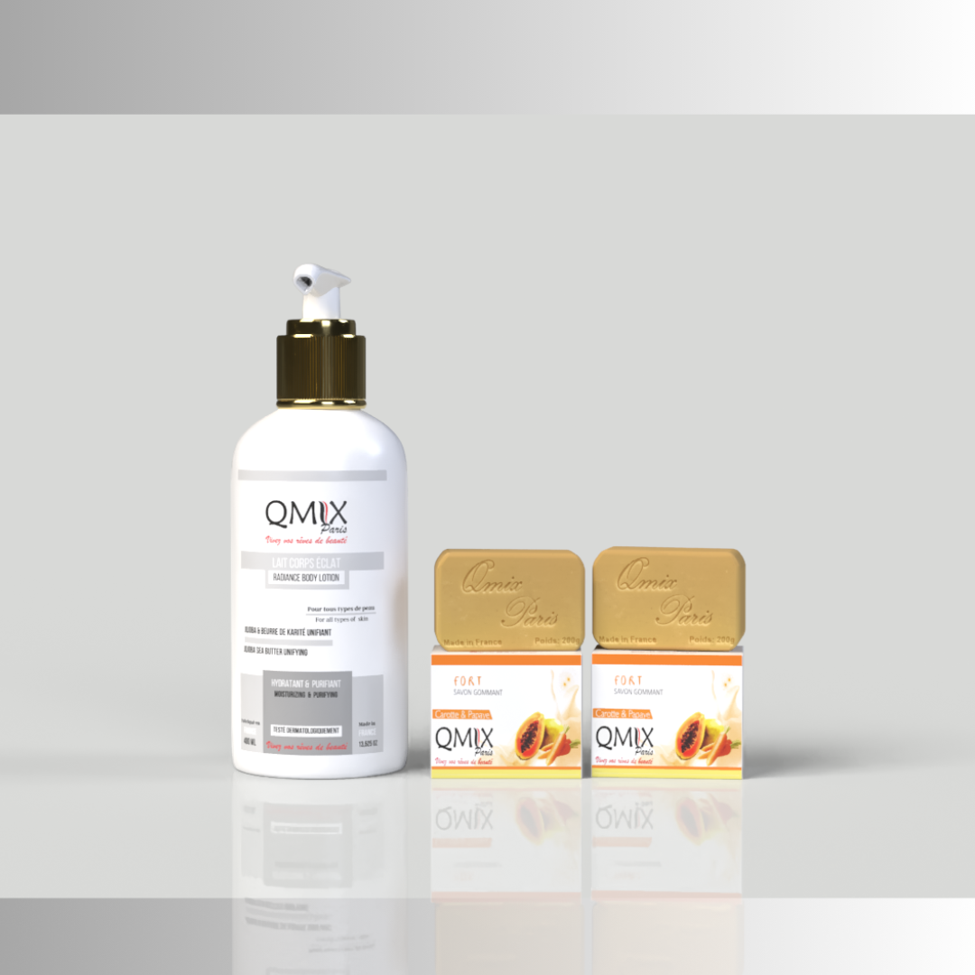 Lait Jojoba et Beurre de Karité +2Savons gommants carotte papaye ™ Qmix-Paris