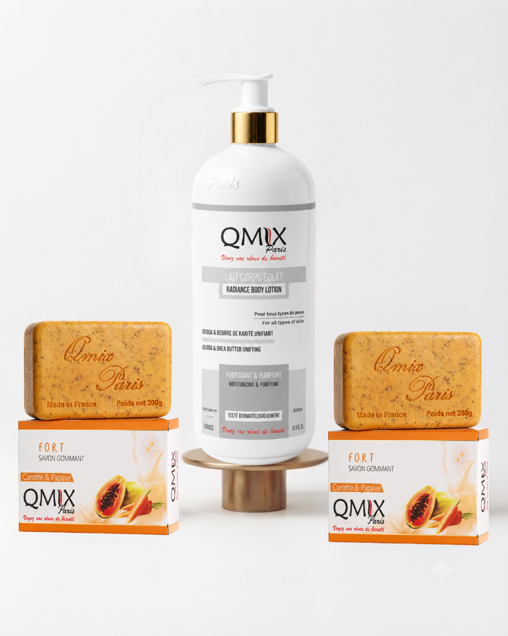 Lait Jojoba et Beurre de Karité +2Savons gommants carotte papaye ™ Qmix-Paris