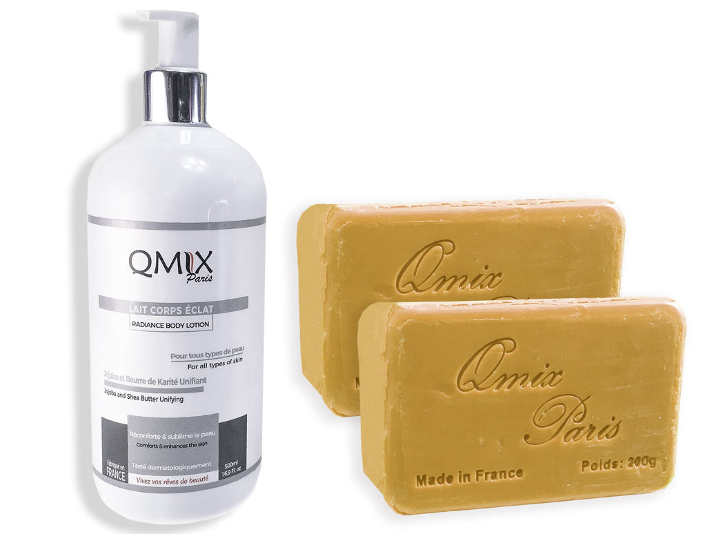 Lait Jojoba et Beurre de Karité +2Savons gommants carotte papaye ™ Qmix-Paris