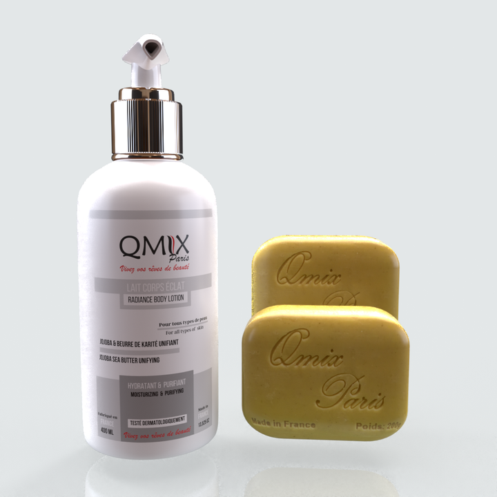 Lait Jojoba et Beurre de Karité +2Savons gommants carotte papaye ™ Qmix-Paris